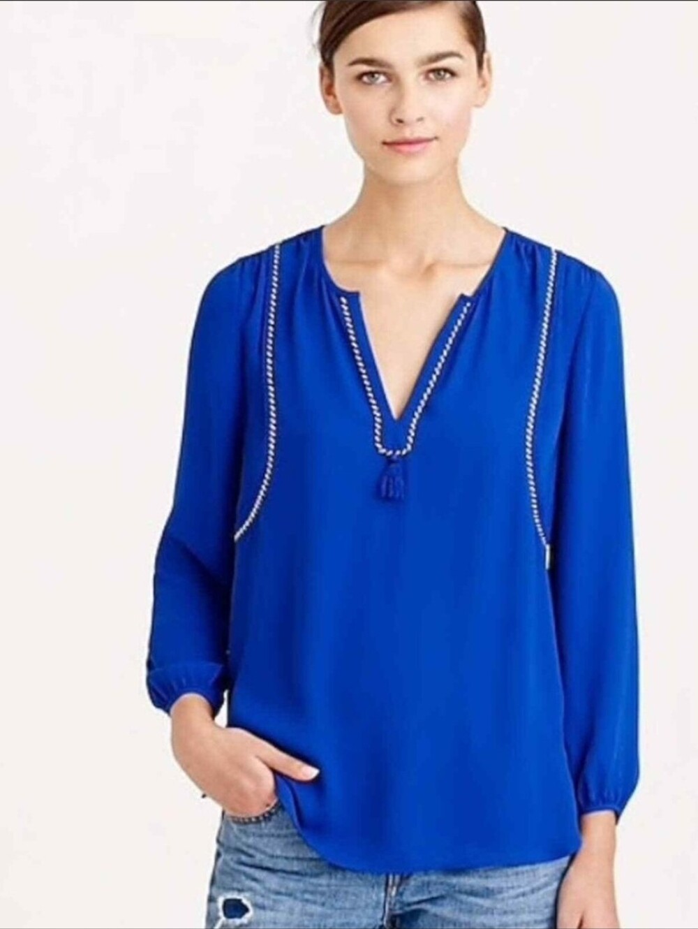 J. Crew Royal Blue Split-Neck Tassel Blouse Size 00